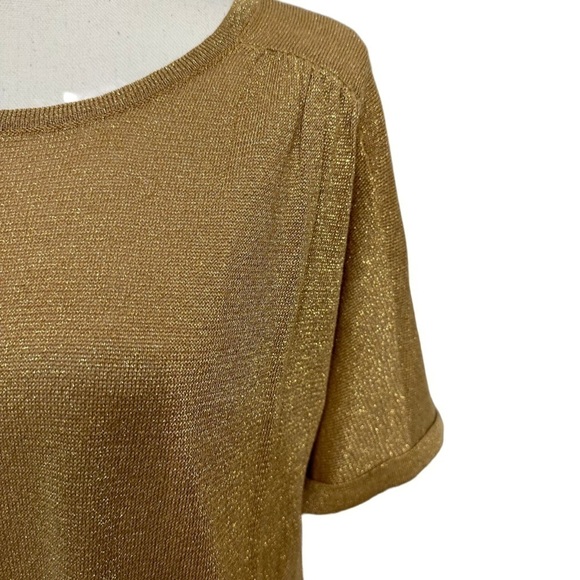Chicos Sparkly Short Sleeve Crew Neck Blouse Gold Size 2 - Picture 2 of 6